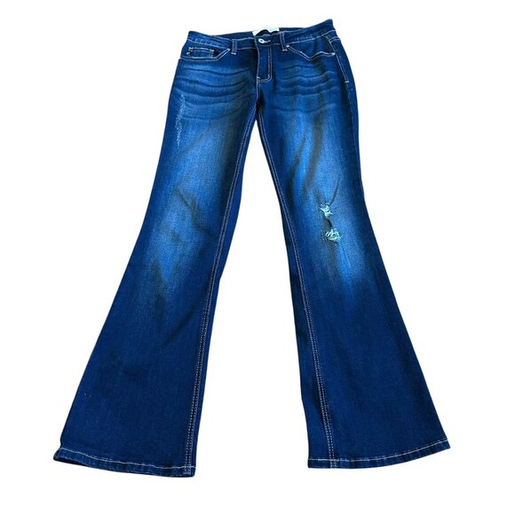 Kancan Dark Wash Denim Flare Leg Jeans Stretchy Distressed Size 28 Women's - Picture 1 of 13